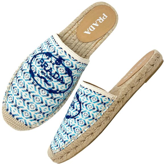 Prada Nastro Jacquard Blue White Embroidered Logo Espadrilles Flats Slippers - Picture 2 of 11